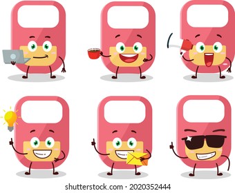 Pink baby appron cartoon character with various types of business emoticons. Vector illustration