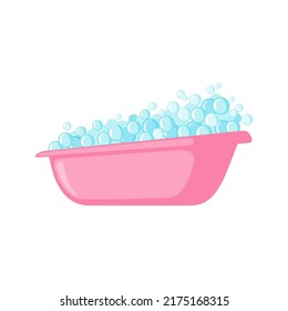 Pink baby bath with foam bubbles icon in flat style isolated on white background.