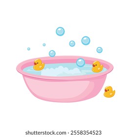 Pink baby bathtub with foam, soap bubbles and a yellow rubber duck. Bathtub cartoon clipart in flat style isolated on white background. Baby shower, baby element set.