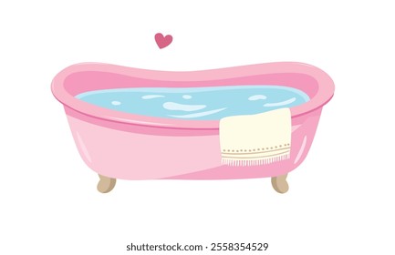 Pink baby bathtub with foam, soap bubbles and a yellow rubber duck. Bathtub cartoon clipart in flat style isolated on white background. Baby shower, baby element set.