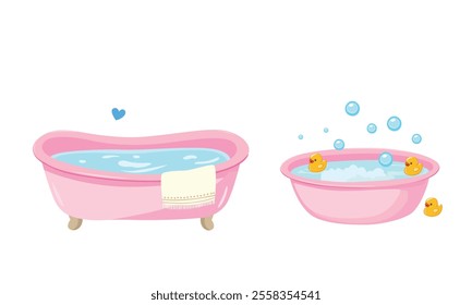 Pink baby bathtub with foam, soap bubbles and a yellow rubber duck. Bathtub cartoon clipart in flat style isolated on white background. Baby shower, baby element set.