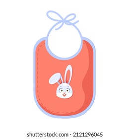 Pink Baby bib for feeding with cute rabbit drawn. Newborn clothes. Child clothes for eating. Motherhood and childhood accessories. Vector illustration of baby feeding supplies, white background