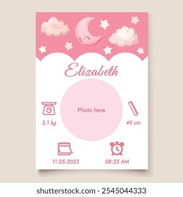 Pink baby birth details template, nursery decor, newborn gift, It's a girl in watercolor.