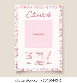 Pink baby birth details template with photo, nursery decor, newborn gift, It's a girl.