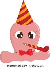 A pink baby birthday with a red and orange party hat, vector, color drawing or illustration. 