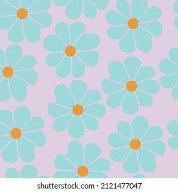Pink with baby blue fun flower elements with orange centres seamless pattern background design.