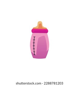 Botella de bebé rosa con estilo plano pacificador, ilustración vectorial aislada en fondo blanco. Herramienta para la alimentación de bebés, elemento de diseño decorativo, línea de medición negra