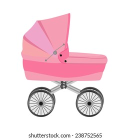 Pink baby carriage isolated on white, baby pram, vector