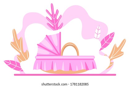 Pink baby carrier basket. Cradle. Isolated on white. Vector illustration.