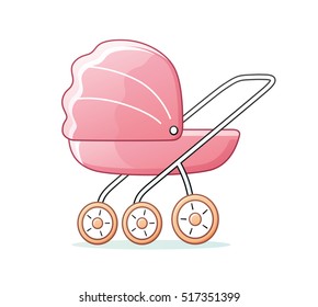 Pink baby child pram vector icon isolated.