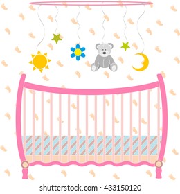pink baby cot and toys