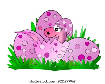 Pink baby dinosaur cartoon is hatching eggs on green grass nest.