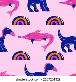 Pink baby dinosaur seamless pattern with rainbow