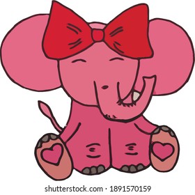 pink baby elephant with a red bow on his head