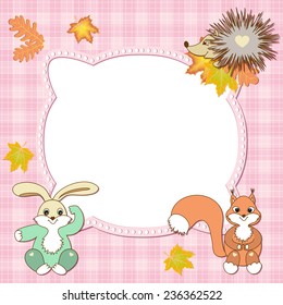 Pink baby frame with hedgehog, rabbit, squirrel, leaf