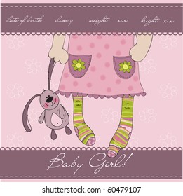  Pink Baby girl arrival announcement card with plush rabbit