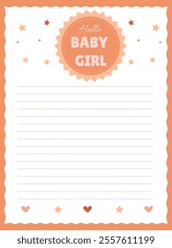 pink baby girl birth announcement page template, hello baby girl, with stars and hearts