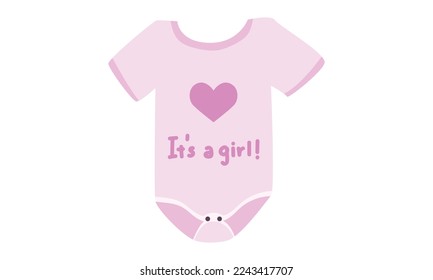 Pink baby girl bodysuit clipart. Simple cute baby bodysuit with It's a girl design flat vector illustration. Baby bodysuit, body children, baby shirt, romper, clothes for newborns cartoon drawing