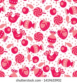 Pink baby girl candy caramel and cherry seamless pattern. Decorative simple naive repeatable motif, for surface, background, fabric, textile, wrap. Fabric rapport.