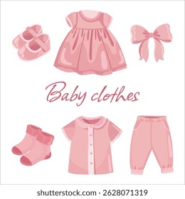 Pink baby girl clothes set with dress, shirt, trousers, and bow in cute flat style for newborn design and decoration