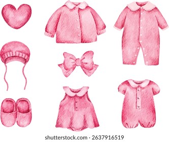 Pink baby girl clothing and accessories set watercolor illustration isolated on white background. Baby clothes decorative elements in gentle and soft pink colors.