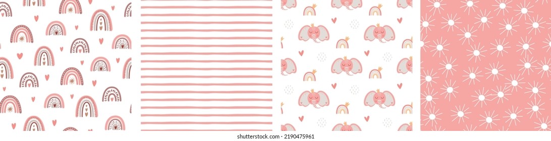 Pink baby girl pattern set. Girl pink sweet background. Pink vector seamless design. Baby rainbow, elephant princess, stripped pattern collection. Pink childish print illustration. Cute baby textile.