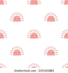 Patrón de bebé rosado. Chica de sol sonriente con fondo en la cara. Diseño transparente del vector rosa. Patrón de sol de bebé. Ilustración chilena soleada. Impresión de puesta de sol rosa. Bebé textil lindo. Forma geométrica.