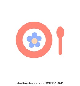 Pink baby plate with spoon flat icon isolated on white background. Color child care object with flower. Kids accessory top view element design. Minimal vector illustration.