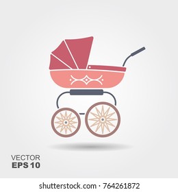 Pink baby pram icon. Vector flat illustration
