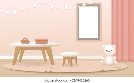 Pink baby room. Realistic vector interior kids bedroom. Indoor mockup with children table, chair, frame and toy. Background illustration kindergarten playroom.