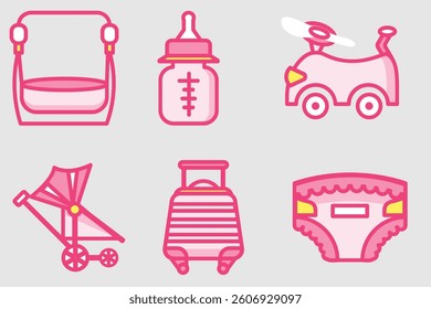 Pink baby set vector art illustration design features heart and cupcake icons for a sweet baby girl gift