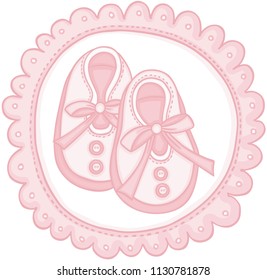 Pink baby shoes round label