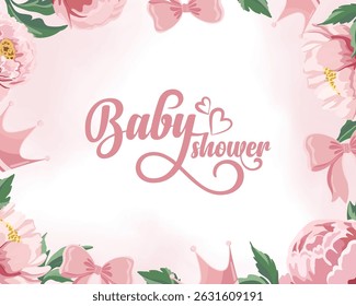 Pink baby shower background with beautiful peonies, crown and bow decorations, perfect for girl announcement or greeting card