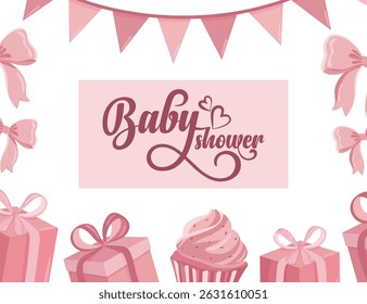 Pink baby shower background with gift boxes, bows, muffins, and cute decorations for girl celebration announcement card