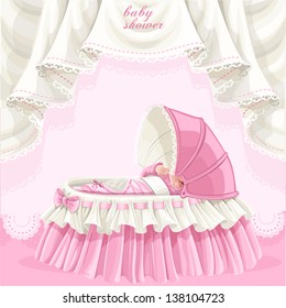 Pink baby shower card with cute little child in the crib