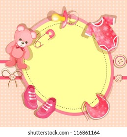 Pink baby shower card with baby girl elements