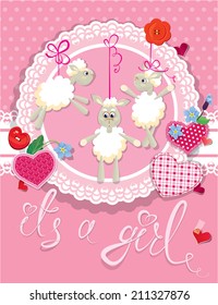 Pink baby shower card with sheep and hearts - design for girls. Birthday Invitation with handwritten text It`s a girl.