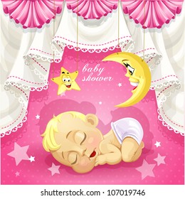 Pink baby shower card with sweet sleeping newborn child