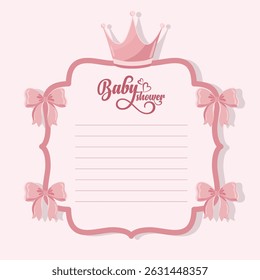 Pink baby shower frame with bows, crown and baby elements, perfect for girl announcement, invitation or greeting card design
