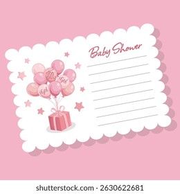 Pink baby shower greeting card with cute presents and balloons in soft colors for celebrating the arrival of a newborn girl