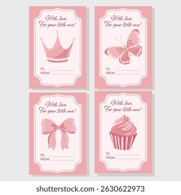 Pink baby shower greeting card tags with cute flat illustrations and message It's a girl for newborn celebration and decoration