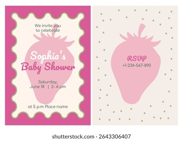 Pink Baby shower invitation card with strawberry shape and whimsical frame. Vector printable template design for newborn, baby. 