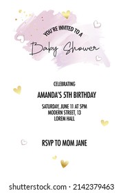 Pink baby shower invitation with gold hearts and stars. Baby newborn announcement , princess theme design in vector 