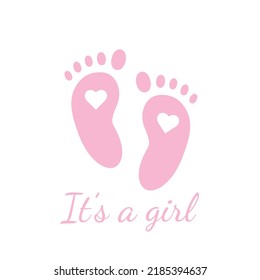Pink Baby Shower Invite Greeting card. It's a girl. Baby foot footprint over pink color background	
