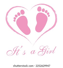 Pink Baby Shower Invite Greeting card. It's a girl. Baby foot footprint over pink color background