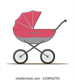 pink baby stroller with big wheels on white background, side view