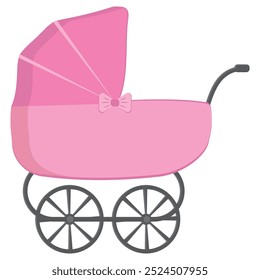 Pink baby stroller in cartoon style