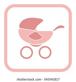 Pink baby stroller. Flat icon.