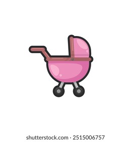 pink baby stroller in outline flat vector design.