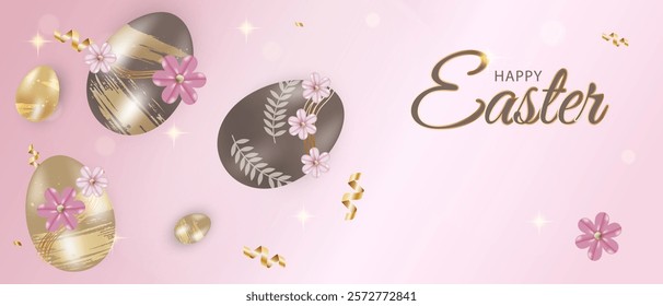 Pink background with 3d eggs and text for Easter holiday. Vector 10eps